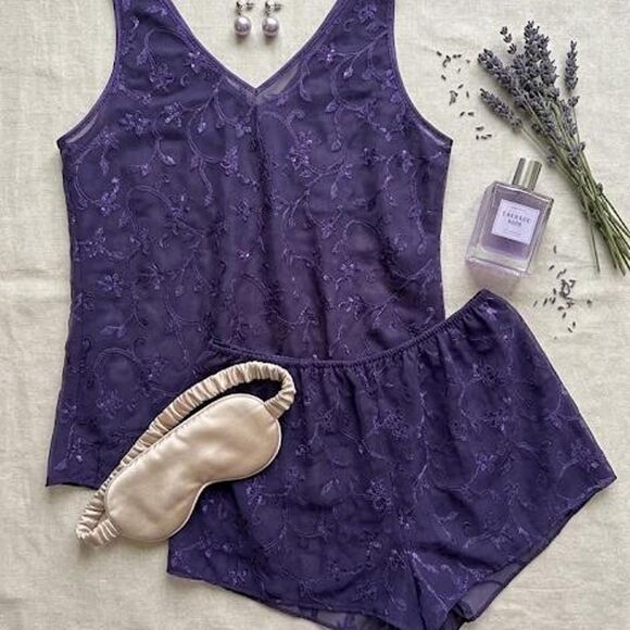 Bisou Bisou Other - VINTAGE Bisou Bisou sheer purple embroidered lace tank top and shorts PJ set